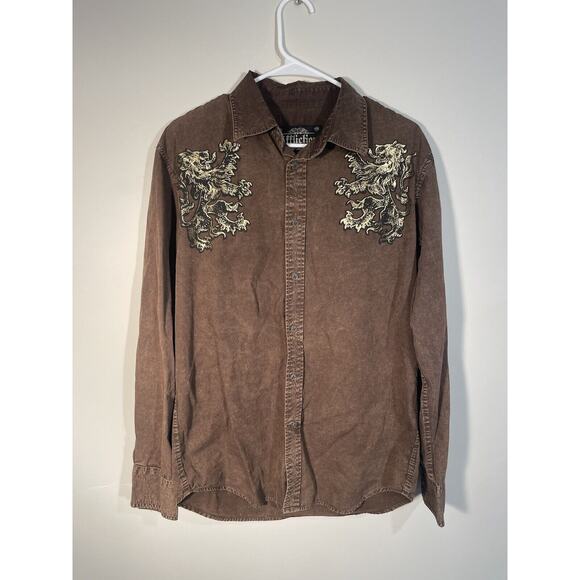 Affliction Gold Lion Brown Long Sleeve Button Up Graphic Print Men's Size M - Picture 1 of 11